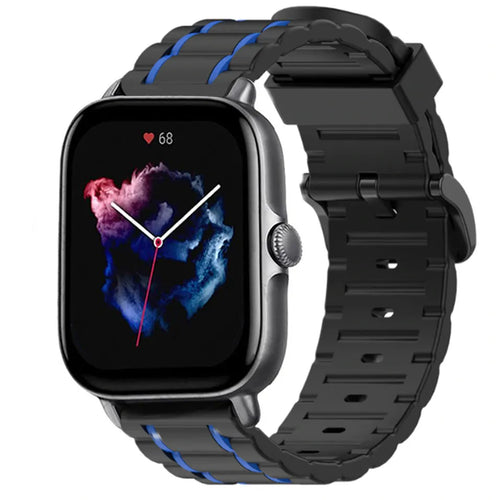 Silicone Strap 'Tough', black/blue, on a watch, 3/4 front view