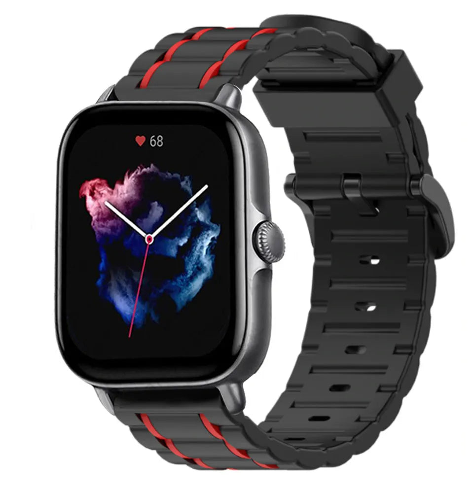 Silicone Strap 'Tough', black/red, on a watch, 3/4 front view