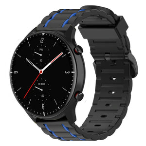 Silicone Sport Strap with Buckle, black/blue, on a watch, 3/4 front view