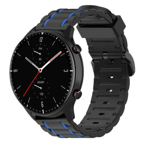 Silicone Sport Strap with Buckle, black/blue, on a watch, 3/4 front view