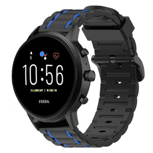 Silicone Sport Strap with Buckle, black/blue, on a watch, 3/4 front view