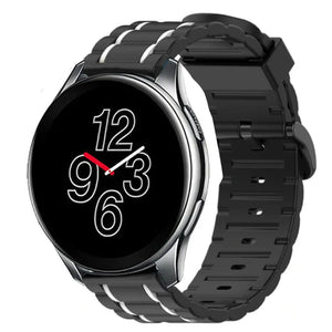 Silicone Sport Strap with Buckle, black/white, on a watch, 3/4 front view