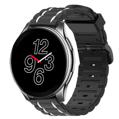 Silicone Sport Strap with Buckle, black/white, on a watch, 3/4 front view