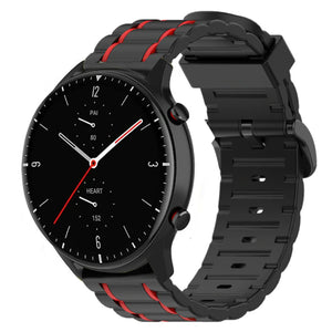 Silicone Sport Strap with Buckle, black/red, on a watch, 3/4 front view
