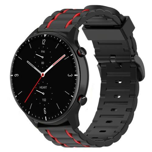Silicone Sport Strap with Buckle, black/red, on a watch, 3/4 front view