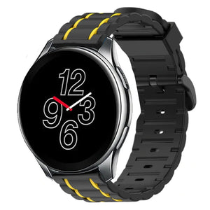 Silicone Sport Strap with Buckle, black/yellow, on a watch, 3/4 front view