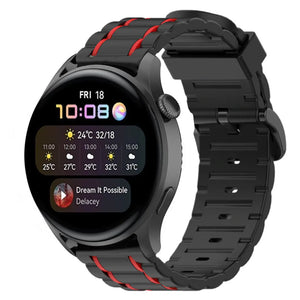 Silicone Sport Strap with Buckle, black/red, on a watch, 3/4 front view