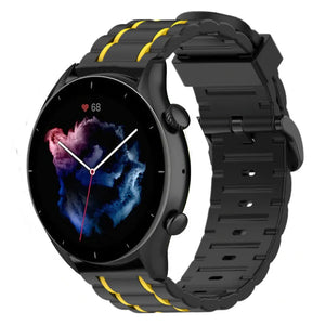 Silicone Sport Strap with Buckle, black/yellow, on a watch, 3/4 front view