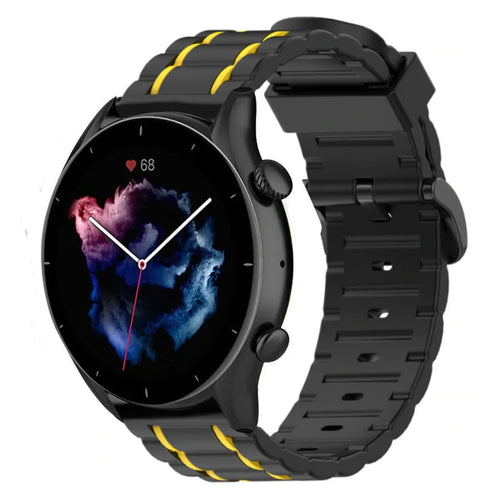 Silicone Sport Strap with Buckle, black/yellow, on a watch, 3/4 front view
