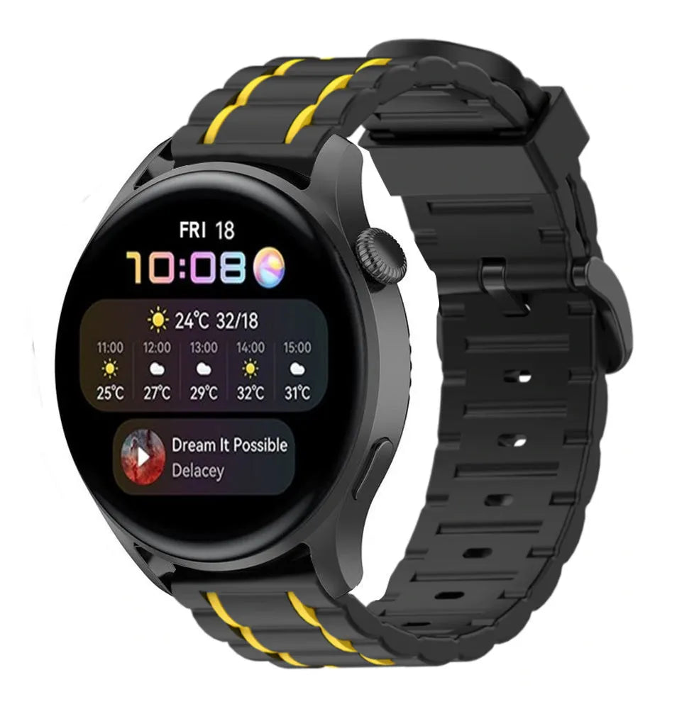 Silicone Sport Strap with Buckle, black/yellow, on a watch, 3/4 front view