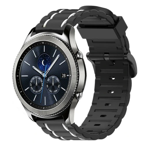 Silicone Sport Strap with Buckle, black/white, on a watch, 3/4 front view