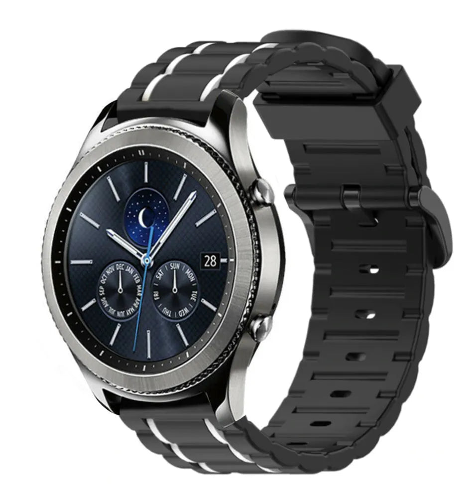 Silicone Sport Strap with Buckle, black/white, on a watch, 3/4 front view