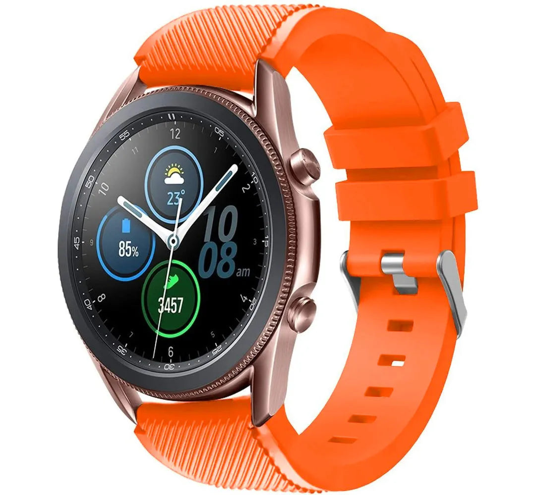 Twill Silicone Strap, orange, on a watch, 3/4 front view