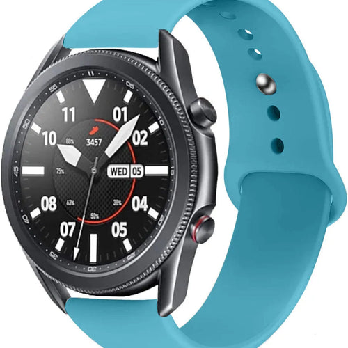 Silicone Sport Strap, light blue, on a watch, 3/4 front view
