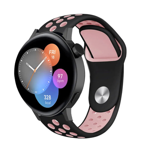 Silicone Sport Strap, black/pink, on a watch, 3/4 front view