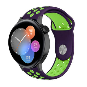 Silicone Sport Strap, purple/green, on a watch, 3/4 front view