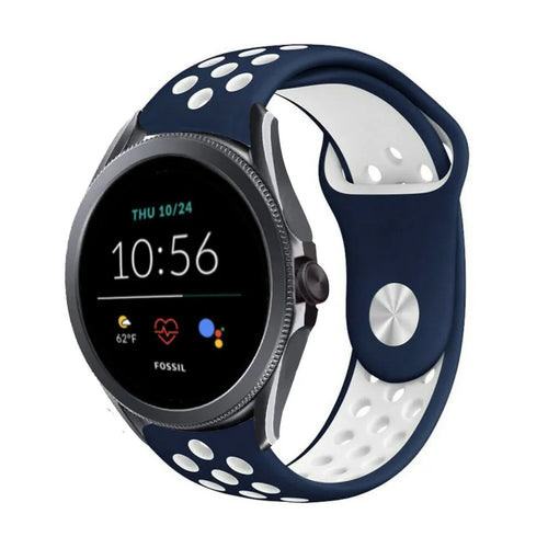 Silicone Sport Strap, blue/white, on a watch, 3/4 front view