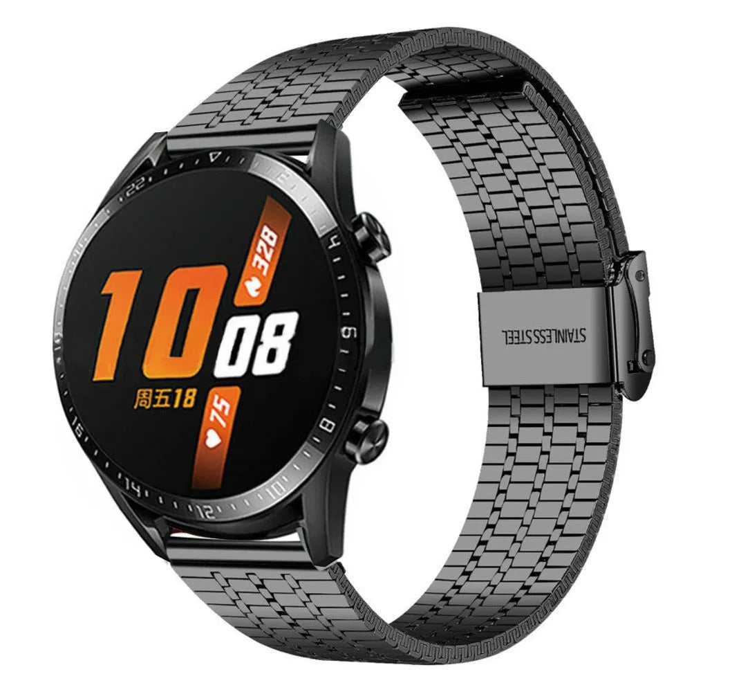 Fine Steel Strap, black, on a watch, 3/4 front view