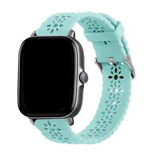 Patterned Silicone Strap, blue sea green, on a watch, 3/4 front view