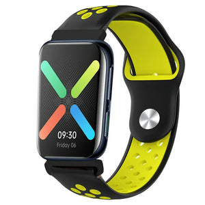 Silicone Sport Strap, black/yellow, on a watch, 3/4 front view