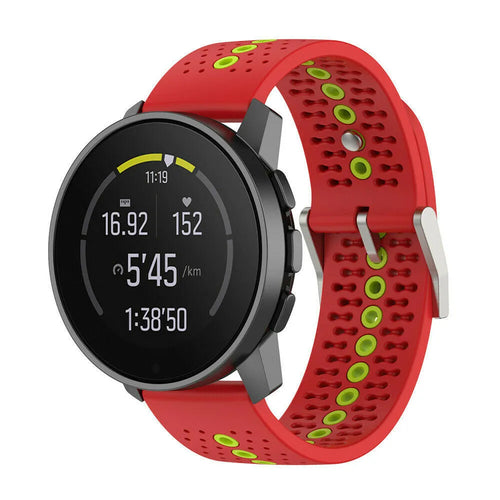 Silicone Strap, red/green, on a watch, 3/4 front view