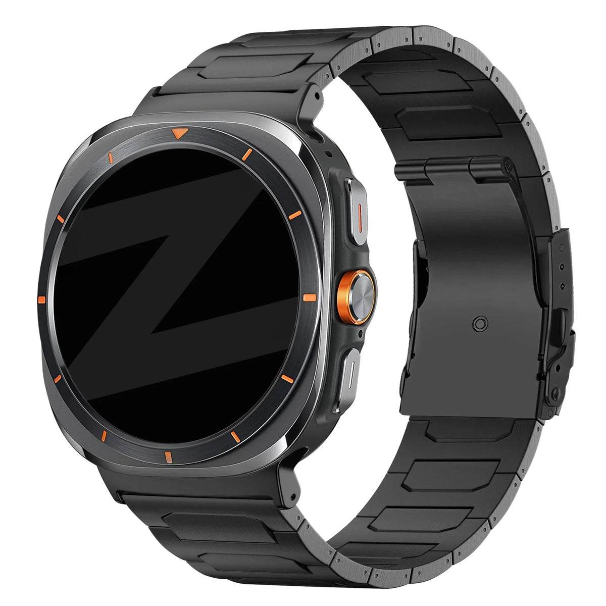 Titanium Strap 'Deluxe', black, on a watch, 3/4 front view