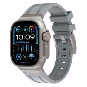 Luxury Liquid Silicone Strap, dark grey with titanium, on a watch, 3/4 front view