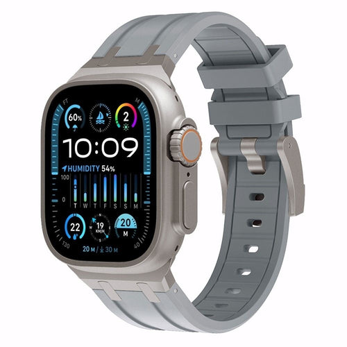 Luxury Liquid Silicone Strap, dark grey with titanium, on a watch, 3/4 front view