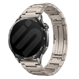 Refined Titanium Strap, on a watch, 3/4 front view