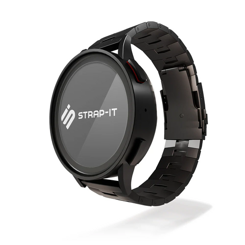 Titanium Grain Strap, black, on a watch, 3/4 front view