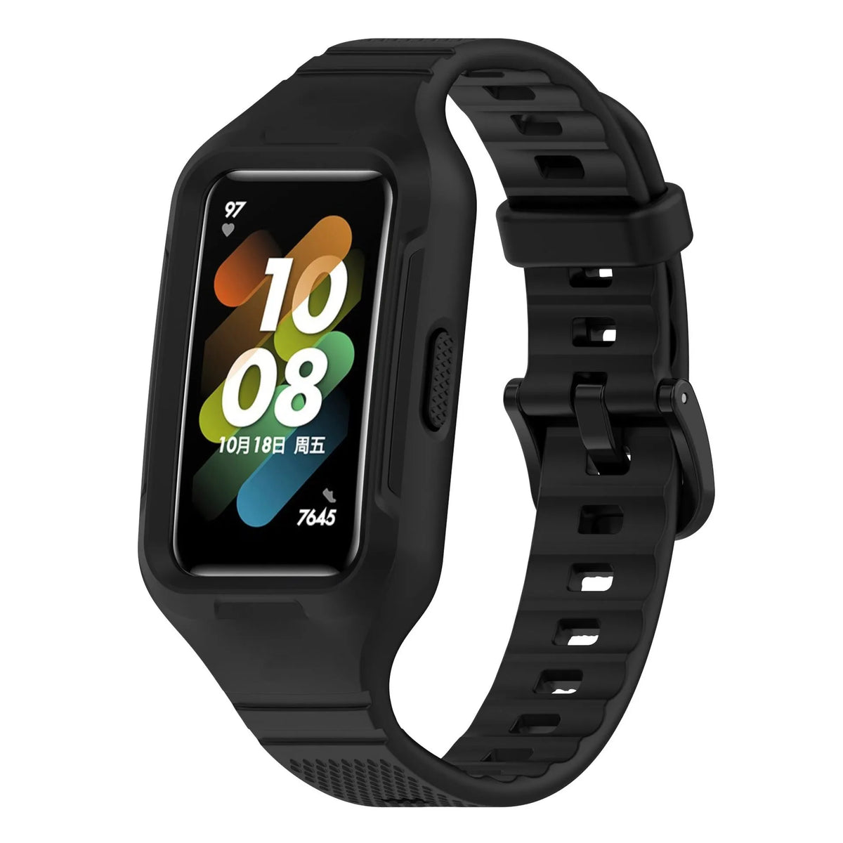 Silicone TPU Strap with Frame, black, on a watch, 3/4 front view