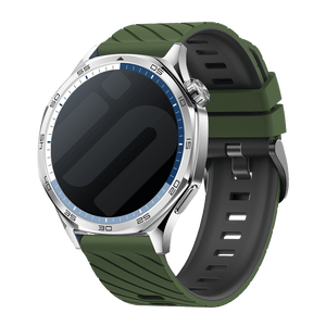 Silicone Twill Sport Strap, army green/black, on a watch, 3/4 front view