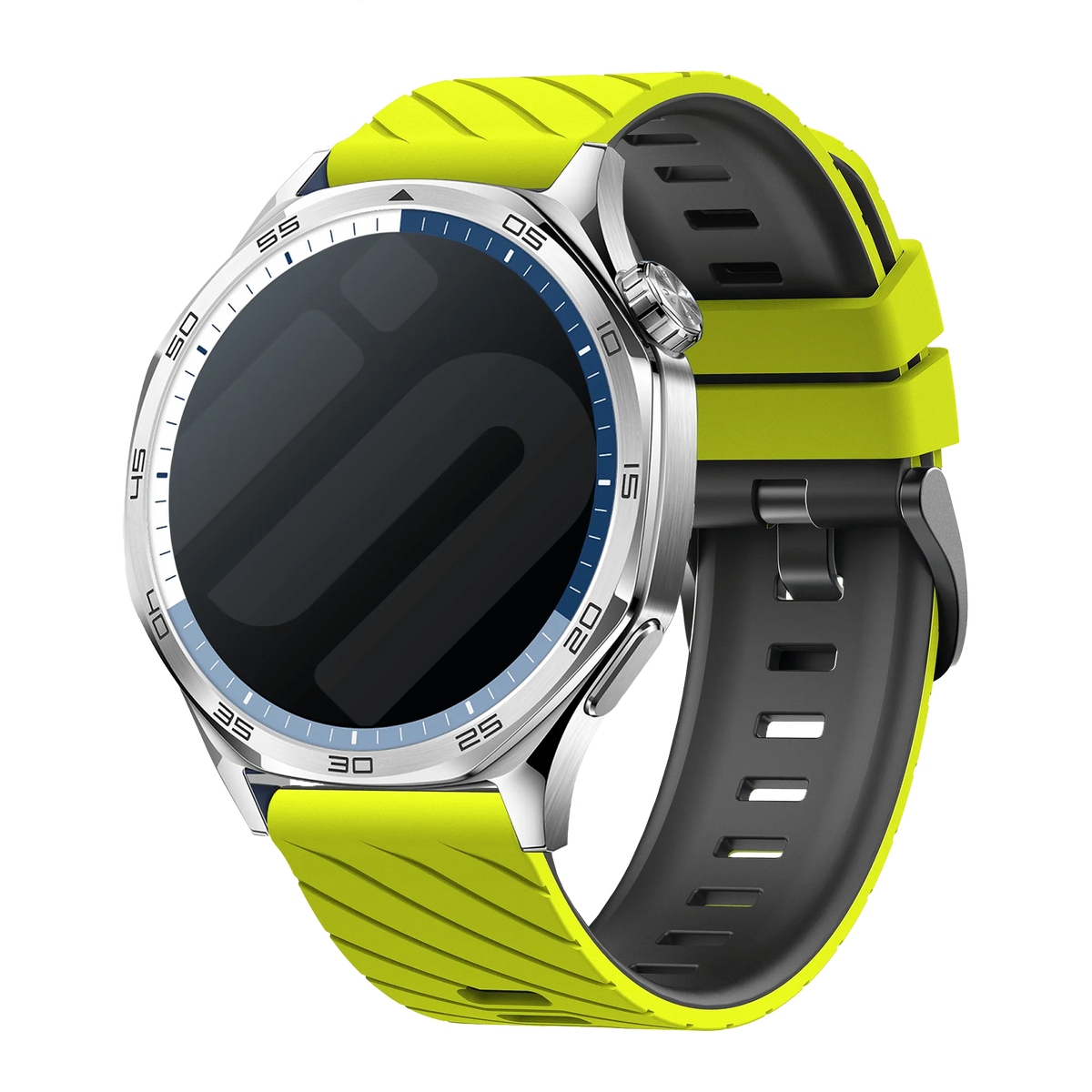 Silicone Twill Sport Strap, bright yellow/black, on a watch, 3/4 front view