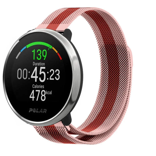 Milanese Strap, red/pink, on a watch, 3/4 front view