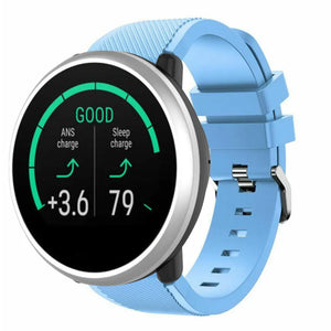 Twill Silicone Strap, sand blue, on a watch, 3/4 front view