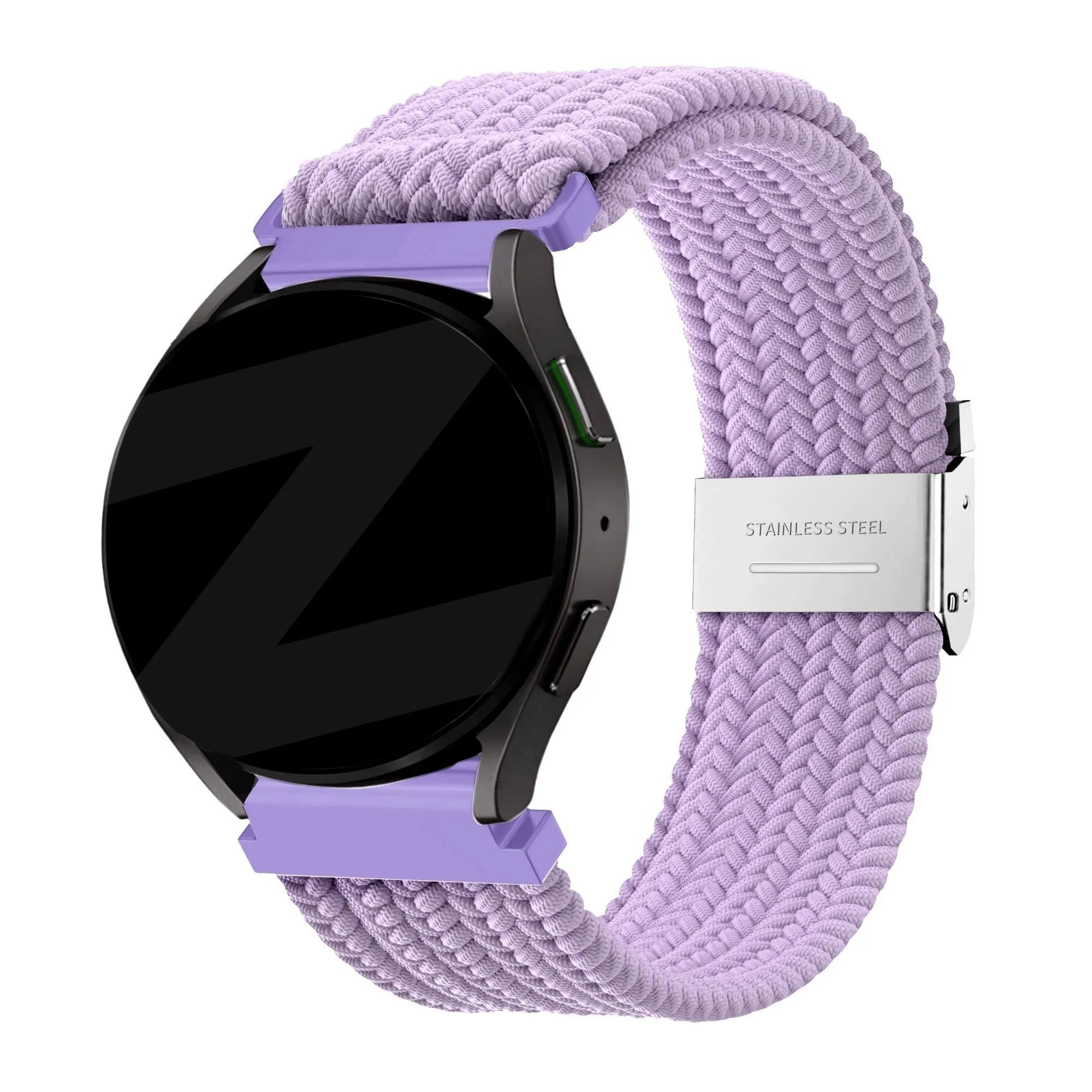 Woven Nylon Strap, light purple, on a watch, 3/4 front view