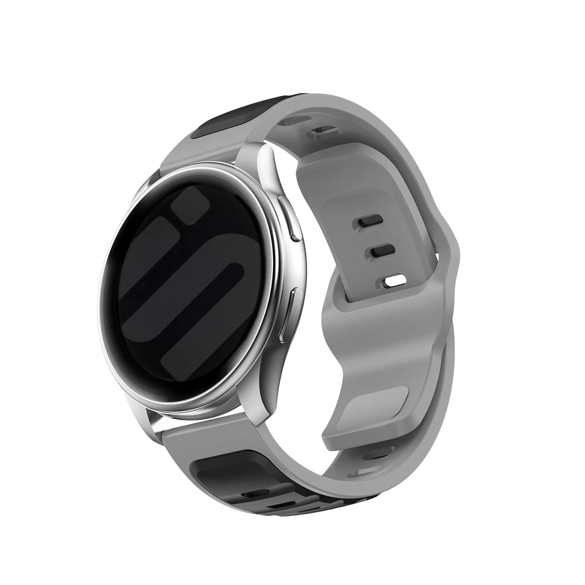 Outdoor Duo Silicone Strap, black/grey, on a watch, 3/4 front view