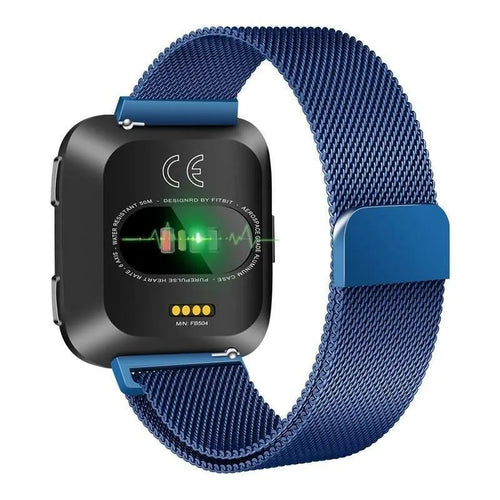 Milanese Strap, blue, on a watch, 3/4 front view