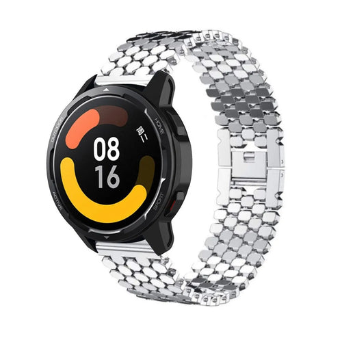 Steel Strap Hexagons, silver, on a watch, 3/4 front view