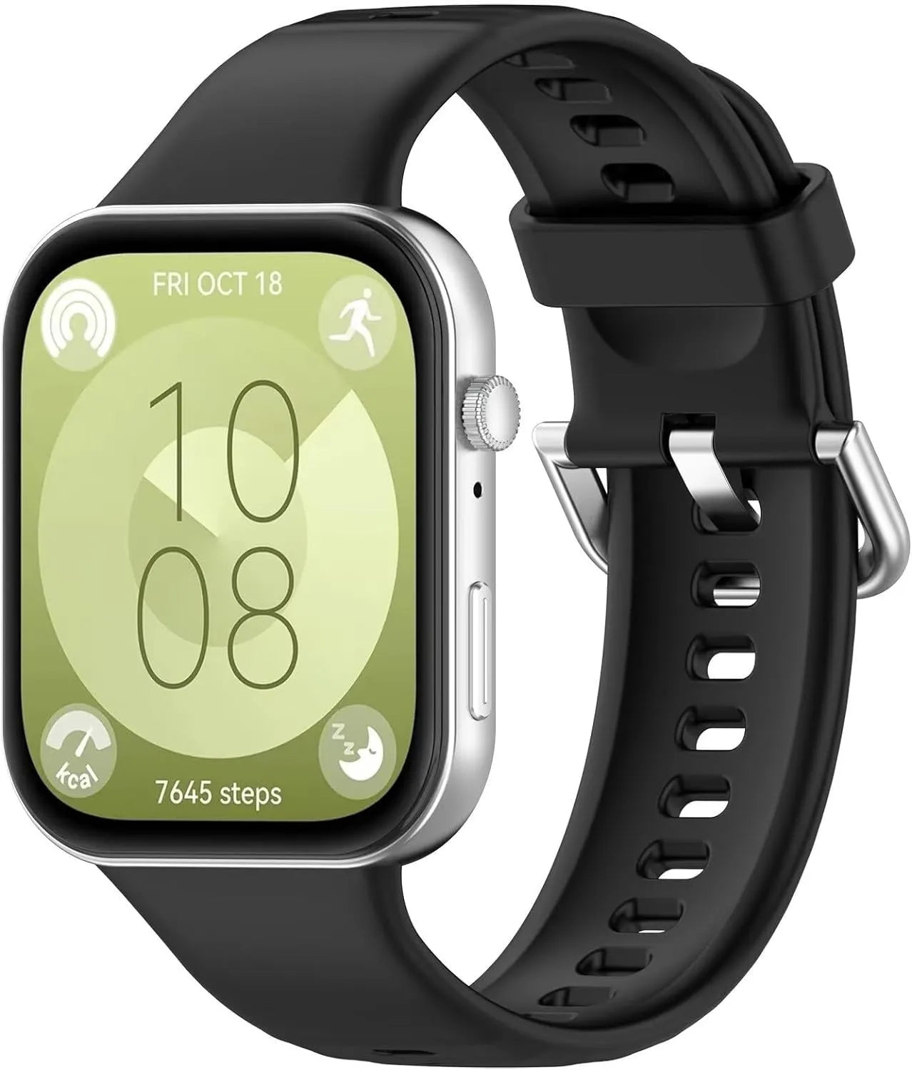 Silicone Strap, black, on a watch, 3/4 front view