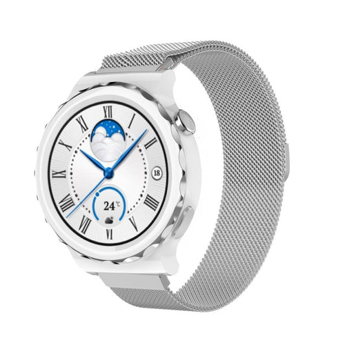 Milanese Strap, silver, on a watch, 3/4 front view
