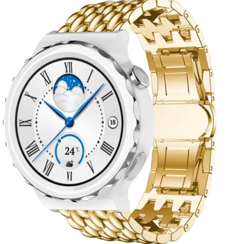 Steel Dragon Strap, gold, on a watch, 3/4 front view