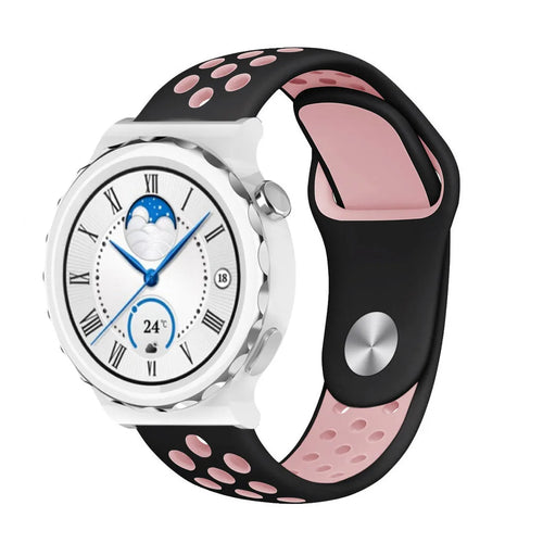Silicone Sport Strap, black/pink, on a watch, 3/4 front view