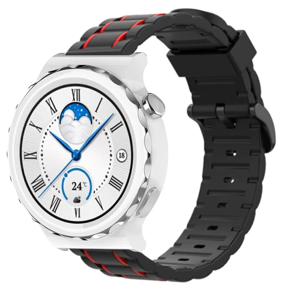 Silicone Strap 'Tough', black/red, on a watch, 3/4 front view
