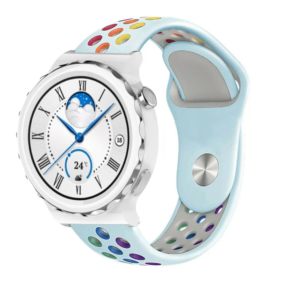 Silicone Sport Strap, light blue/colourful, on a watch, 3/4 front view
