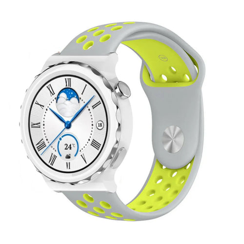 Silicone Sport Strap, grey/yellow, on a watch, 3/4 front view