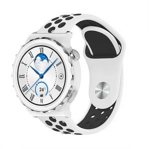 Silicone Sport Strap, white/black, on a watch, 3/4 front view