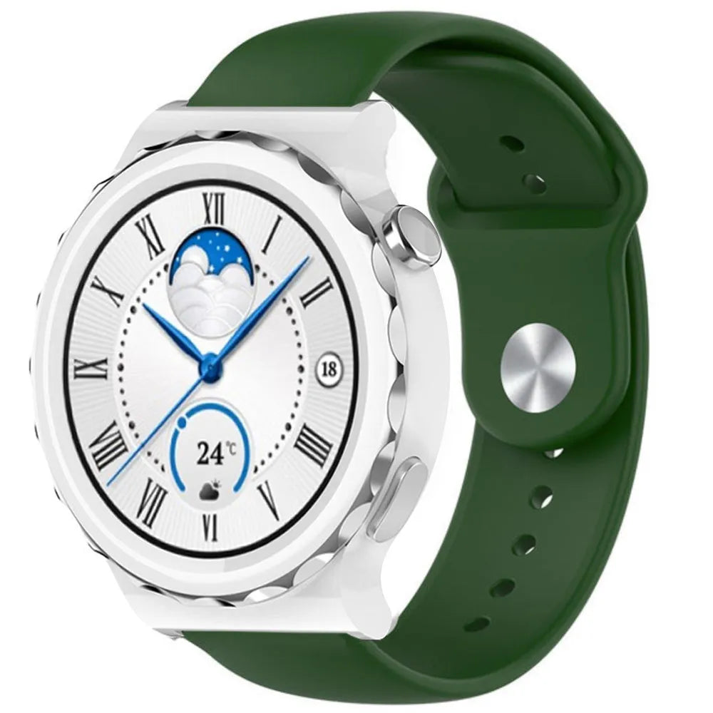 Silicone Sport Strap, army green, on a watch, 3/4 front view