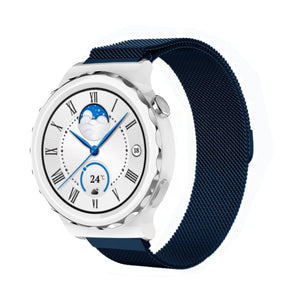 Milanese Strap, blue, on a watch, 3/4 front view