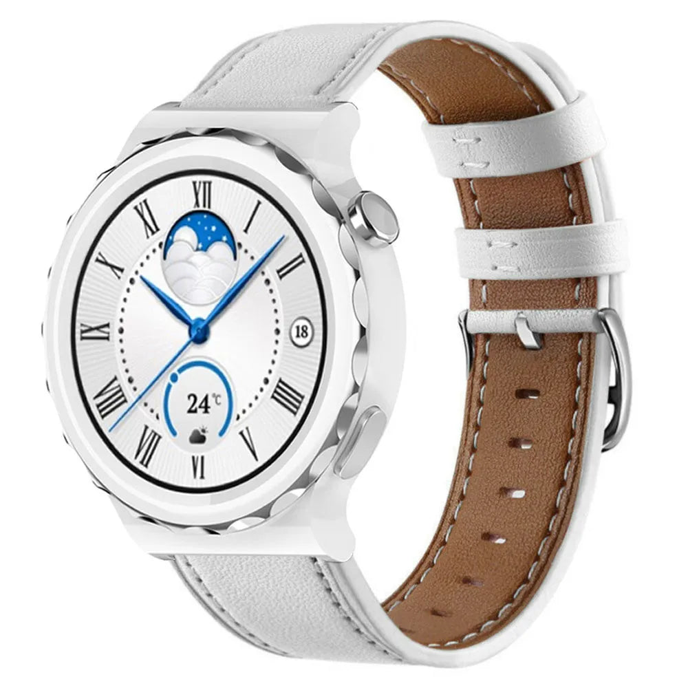 Modern Leather Strap, white, on a watch, 3/4 front view